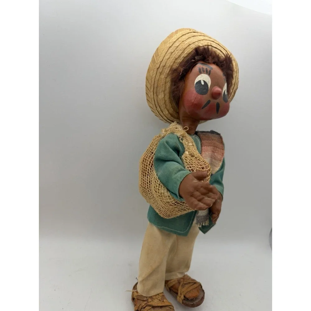 Vintage Mexican Folk Art Doll Straw Sombrero Cloth Body Painted Face 10